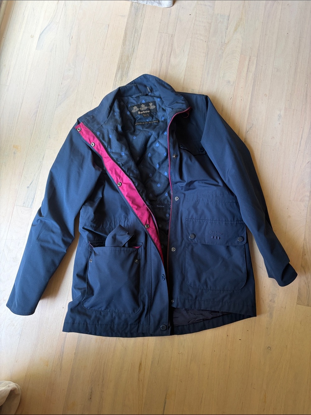 Barbour Navy Raincoat with Pink Trim